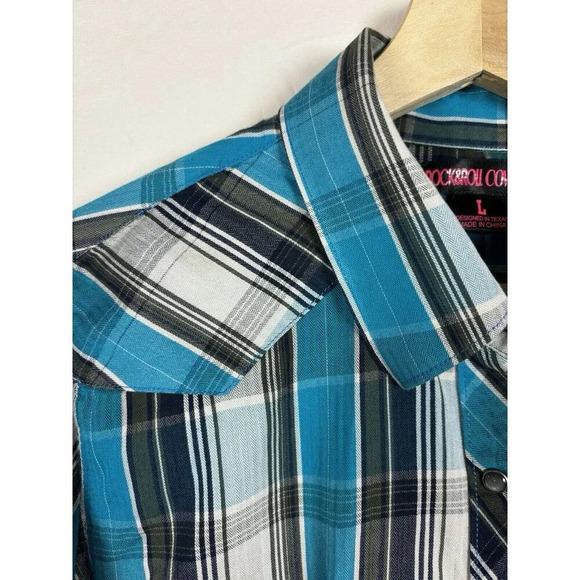 Rock & Roll Cowgirl Women's Size L Button Down Blue Black Pearl Snaps Western - Picture 10 of 13